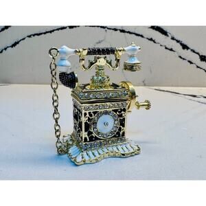 Vintage Style Rhinestone Telephone Trinket Box Gold Enamel Vanity Decor